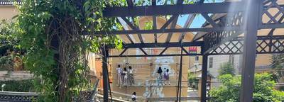 Students at work on a village wall, seen through a garden trellis